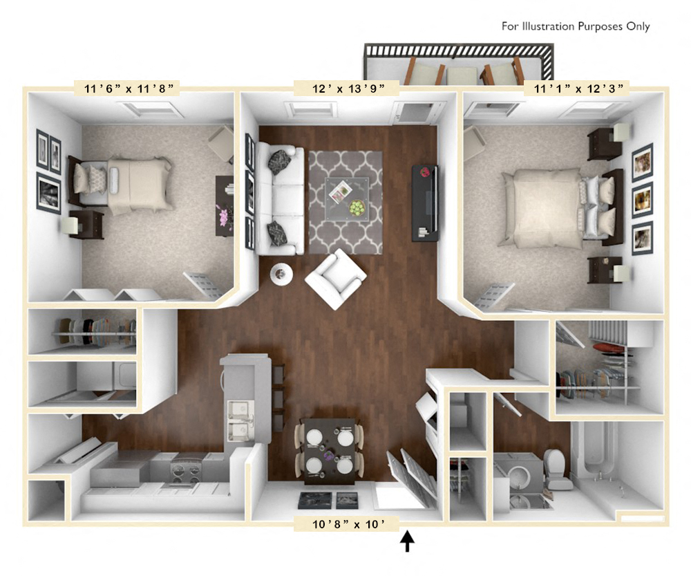 Floor plan for 2 beds, 1 bath, 872 sqft